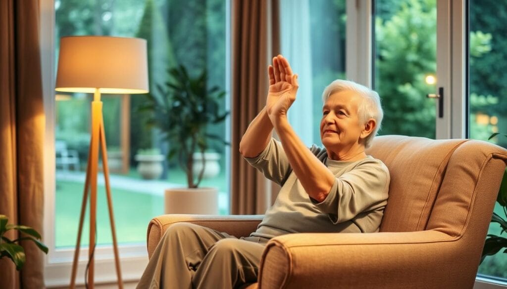 A cozy living room with an older adult seated comfortably in a plush armchair, performing gentle leg raises and arm circles. Soft, warm lighting from a floor lamp casts a peaceful glow, highlighting the person's serene expression. In the background, a window overlooks a lush, tranquil garden, symbolizing the rejuvenating benefits of chair exercises for senior wellness. The scene conveys a sense of ease, contentment, and the empowering ability of low-impact movements to maintain strength, flexibility, and independence in the golden years.