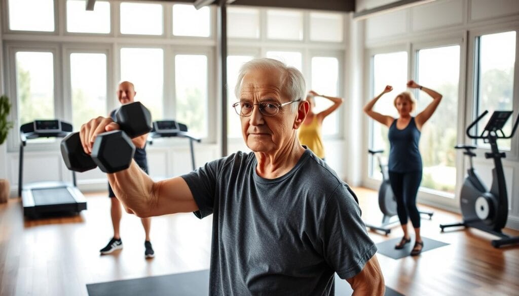 A well-lit, spacious home gym setting with a senior adult performing strength training exercises. In the foreground, the older adult is doing bicep curls with dumbbells, their face showing determination. In the middle ground, a senior man is using resistance bands for leg presses, and a senior woman is doing shoulder raises. The background features sleek, minimalist exercise equipment like a treadmill and stationary bike, along with large windows letting in natural light. The overall scene conveys an atmosphere of empowerment, health, and a commitment to active aging.