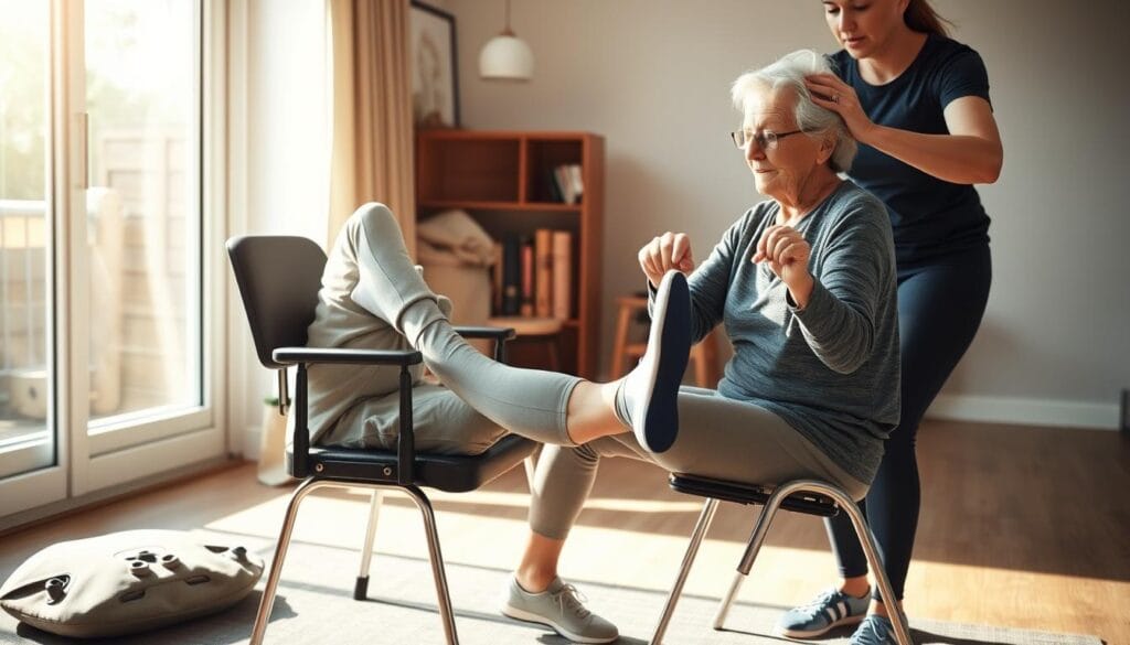 An elderly woman, wearing comfortable workout attire, is carefully performing a chair-assisted squat exercise, her movements guided by a supportive trainer. The scene is bathed in warm, natural lighting, creating a calm and reassuring atmosphere. The woman's expression is one of concentration and determination, as she maintains proper form and balance, strengthening her leg muscles. In the background, a serene home gym environment with minimal, uncluttered decor provides a peaceful setting for this essential strength training activity for seniors.