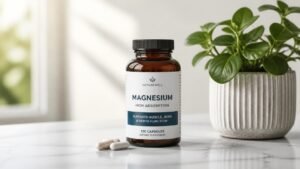 Bottle of magnesium pills on marble table top with potted plant to the side, minimalist composition, natural daylight, shallow depth of field, clean and professional, 1200x628 dimensions