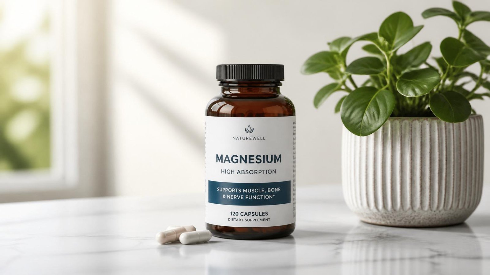 Bottle of magnesium pills on marble table top with potted plant to the side, minimalist composition, natural daylight, shallow depth of field, clean and professional, 1200x628 dimensions