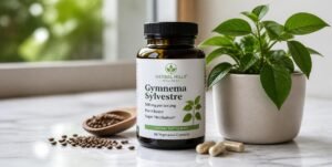 Minimal photorealistic high resolution photograph of a Gymnema sylvestre supplement bottle clearly labeled on clean marble countertop, Gymnema sylvestre plant in simple pot beside it, seeds scattered