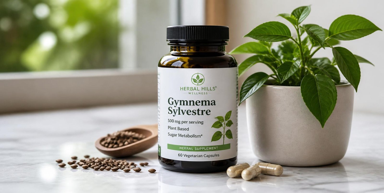 Minimal photorealistic high resolution photograph of a Gymnema sylvestre supplement bottle clearly labeled on clean marble countertop, Gymnema sylvestre plant in simple pot beside it, seeds scattered