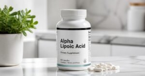 A professional product shot of a bottle of alpha lipoic acid supplement tablets with a minimal, modern aesthetic on a marble countertop with a plant to the side