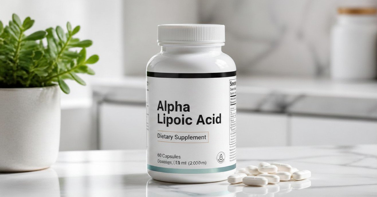 A professional product shot of a bottle of alpha lipoic acid supplement tablets with a minimal, modern aesthetic on a marble countertop with a plant to the side