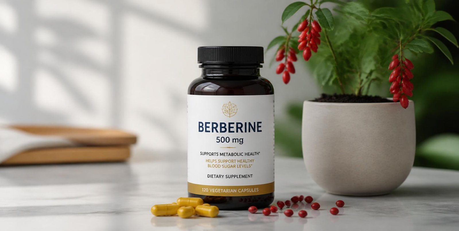 Minimal photorealistic photograph of a berberine supplement bottle clearly labeled on clean marble countertop, berberine plant in simple pot beside it, berberine seeds scattered nearby, a few yellow capsules